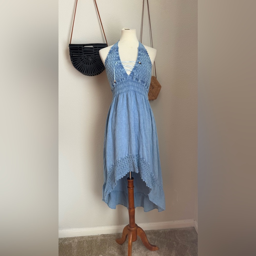 2000s Cotton Collection Peruvian Blue Halter Hi Low Midi Dress, Size XXL